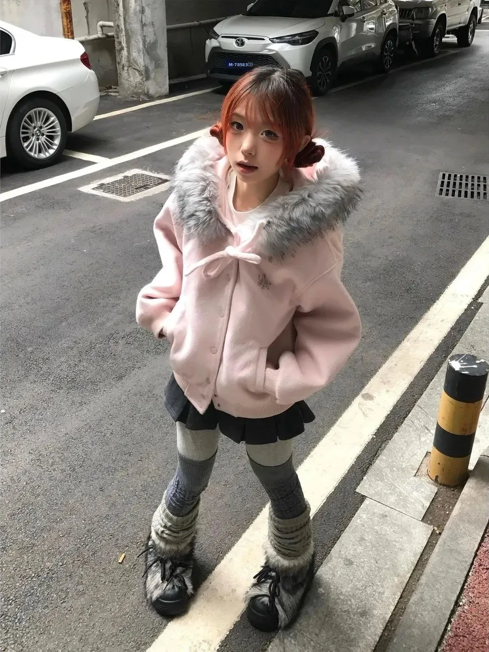 

2025 New Pink Fur Collar Hooded Woolen Coat Women's Autumn Winter Thiened Loose Knot Belted Open Cardigan Coat