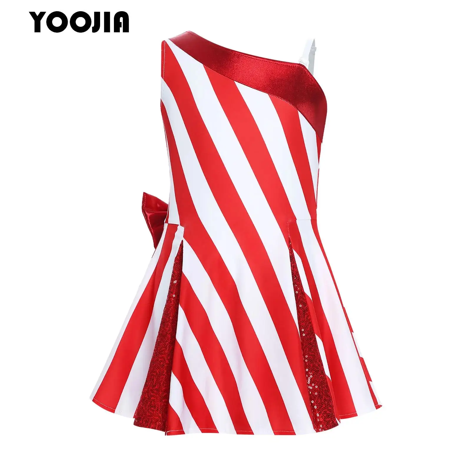 

Girls Christmas Dance Dress Single Shoulder Sleeveless Candy Cane Stripes Santa Dress Xmas Holiday Theme Party Cosplay Costume