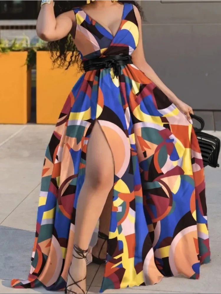 Abito lungo sexy a pois con scollo a V profondo per le donne Abiti estivi Boho senza maniche con stampa slim con spacco laterale Abiti maxi da festa Robe Femme