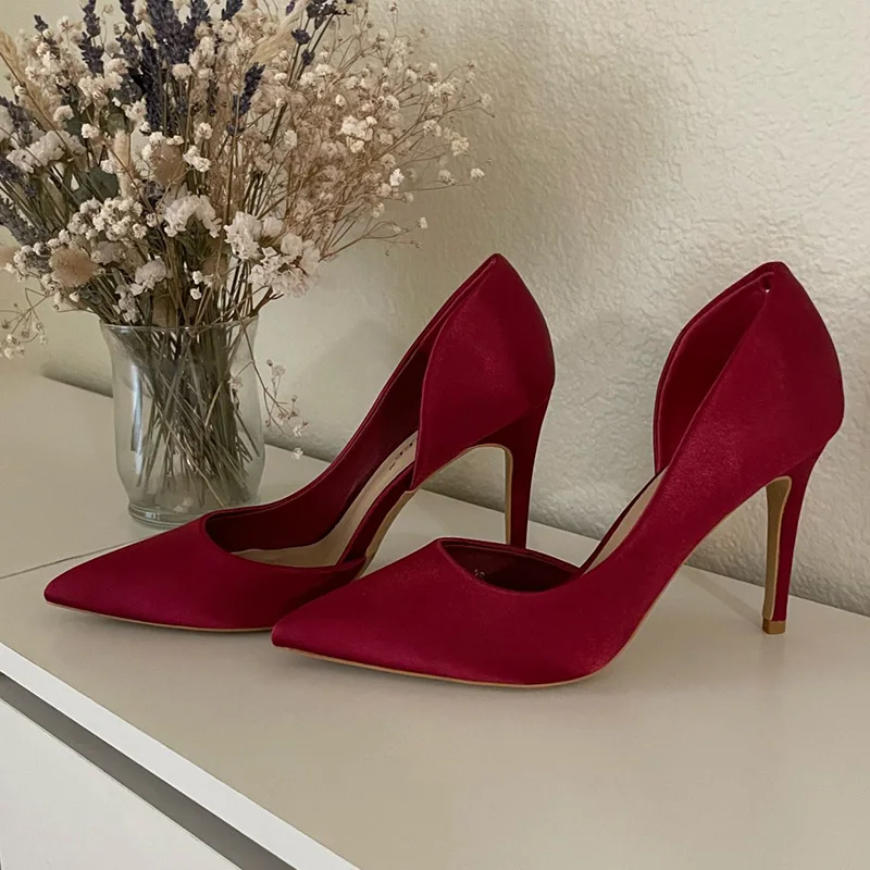 Women Fetish 9.5cm High Heels Royal Blue Wine Red Pumps Satin Stiletto Lady Escarpins Silk Wedding Party Prom Hollow Event Shoes