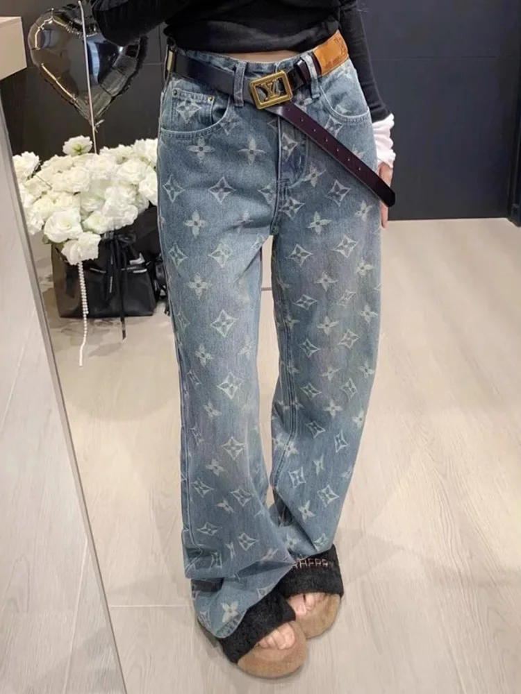 

2025 Spring New High Waist Jacquard Jeans Women Slimming Casual Versatile Fashion Mopping Floor Draping Wide Legs Pants