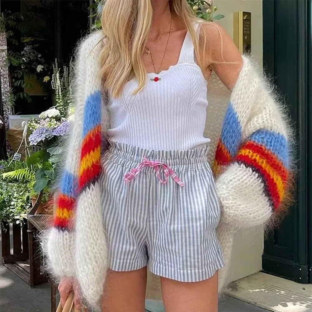 2024 Autumn Winter Women Mohair Stripe Long Sleeve Cardigan Fashion Contrast Open Stitch Sweater High Street Female Outwear