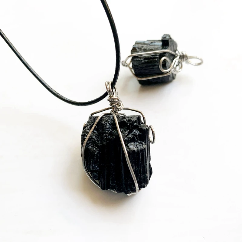 Raw Black Tourmaline Pendant Necklace Wholesale Bulk Rough Stones Copper Wire Wrapped Jewelry Crystals Necklaces 1pc Dropship
