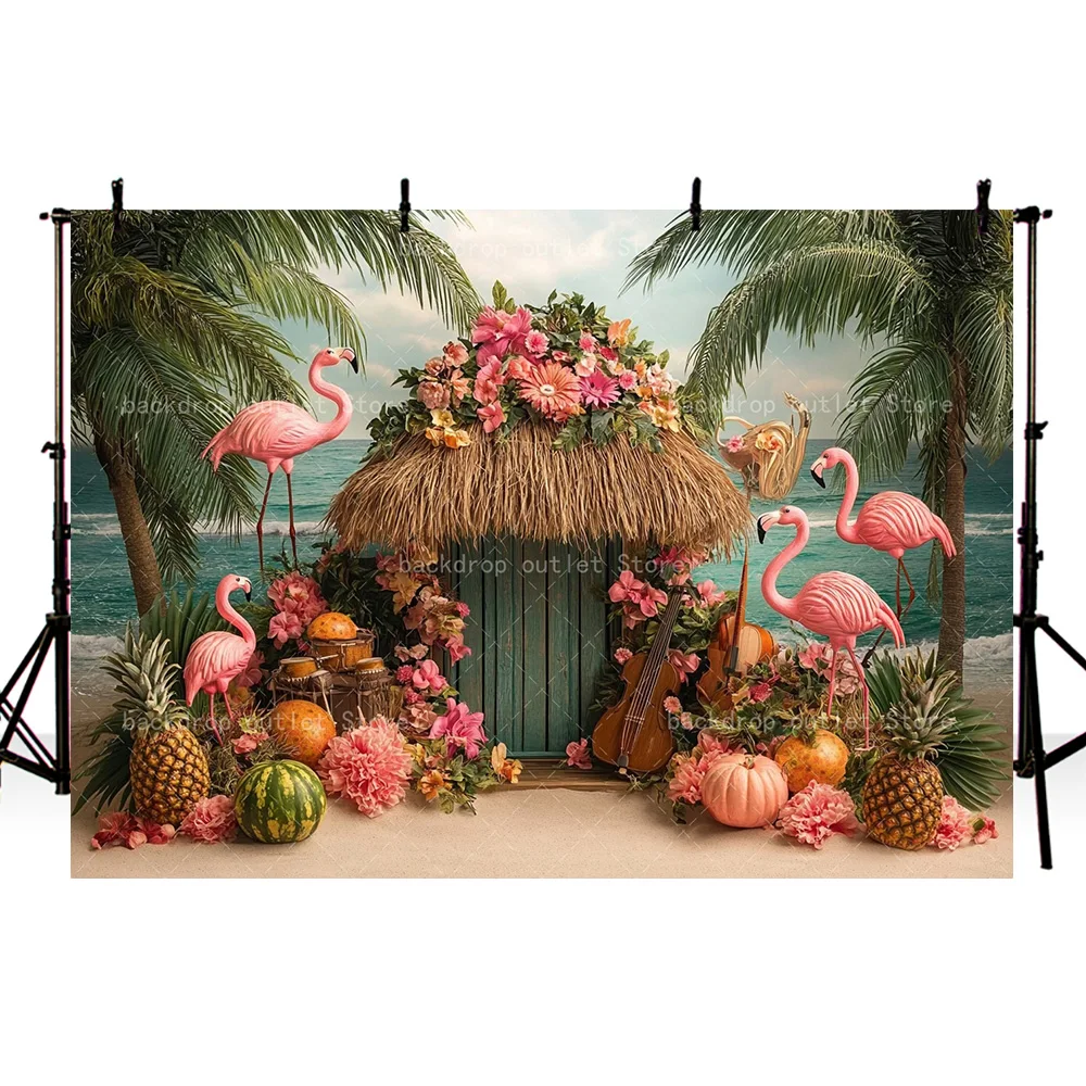 Mehofond Summer Hawaii Beach Photography Background Tropical Flowers Aloha Flamingo Cottage Kids Birthday Photo Backdrop