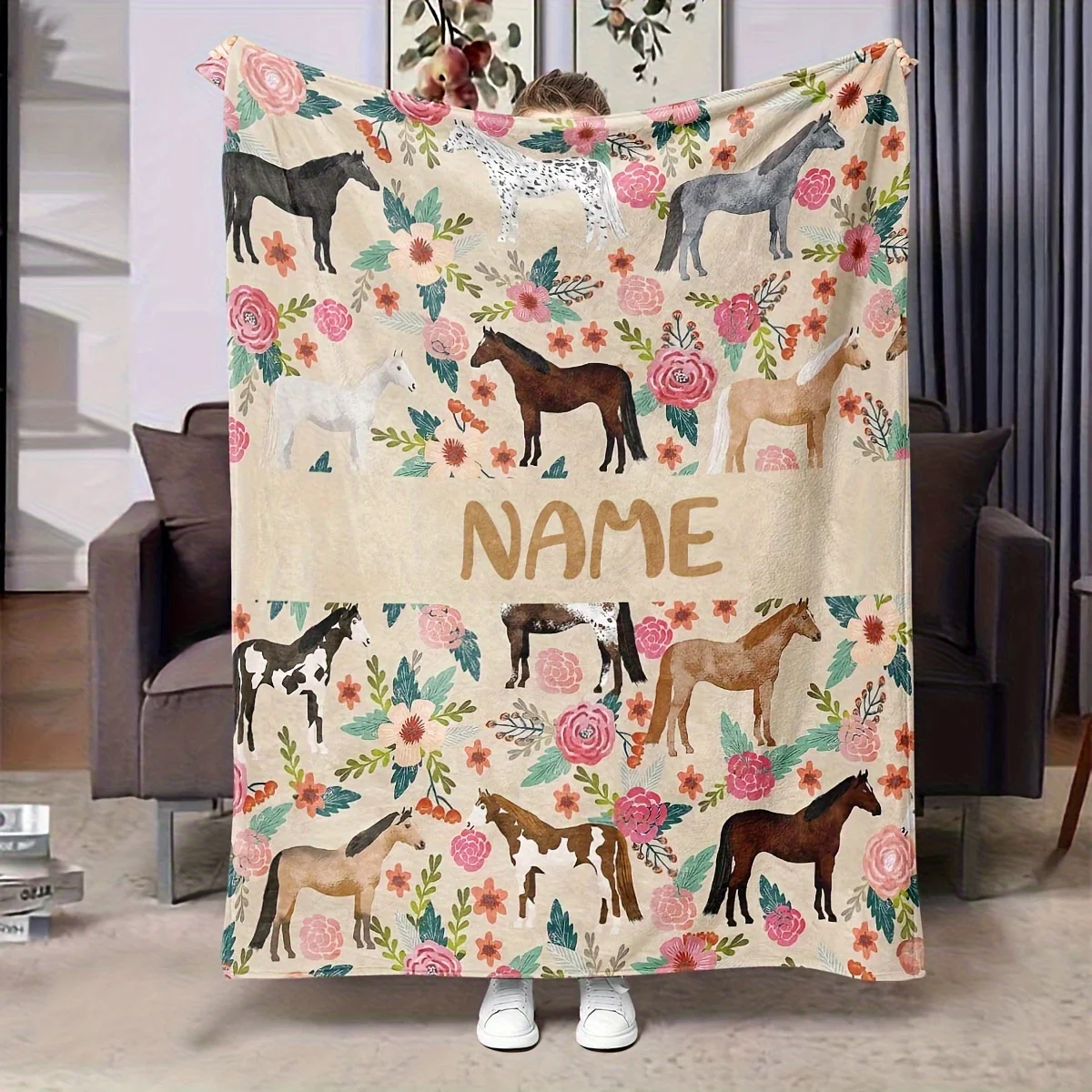 1 Stück personalisierte Flanelldecke mit individuellem Namen und Blumenmuster, weich, warm, ganzjährig, gemütlicher Überwurf für Zuhause, Büro, Wohnzimmer, Sofa, Nickerchen