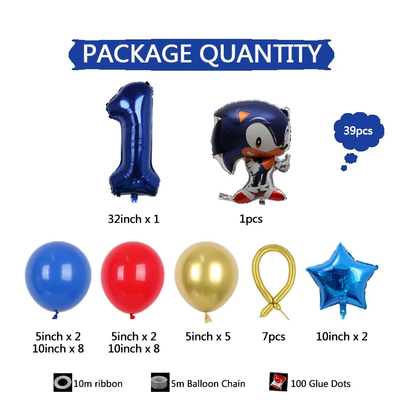 39pcs Cartoon Sonic Theme Birthday Balloons Set with 32inch Blue Number Foil Balloon for Boy Children Birthday Background Supply