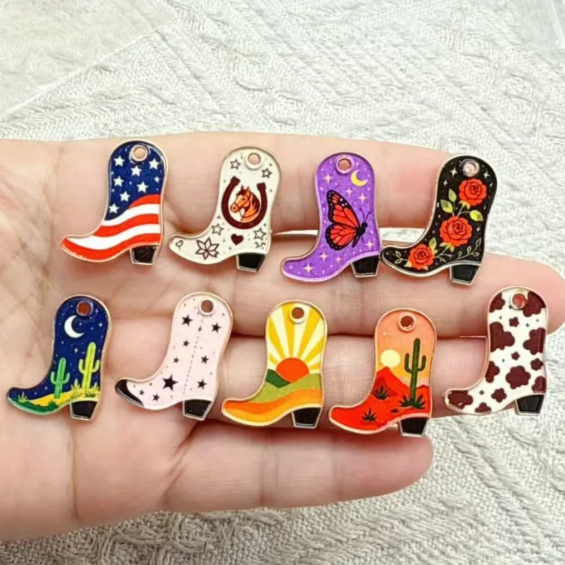 10PCS Vintage Western Cowboy Printed Boots Keychain Pendant Backpack DIY Accessories