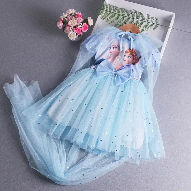 2024 New Disney Elsa Princess Dress with Cape Girls Dress Summer Kids Short Sleeve for Children's Western Style Frozen 2-8Y