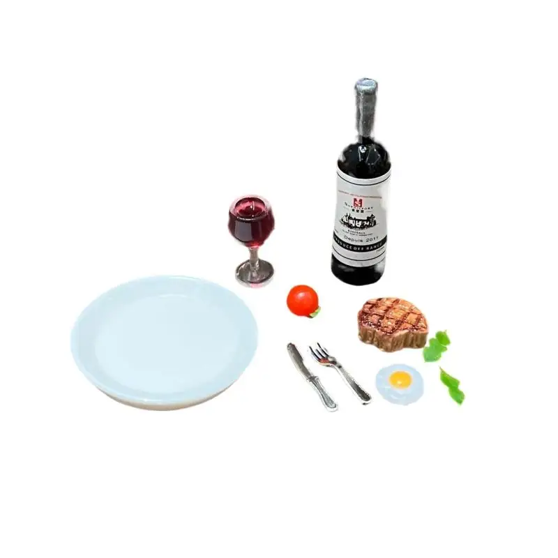 【Happy-Day】1 Zestaw Miniaturowej Kuchni dla Lalek Model Symulacyjny Skala 1:12 Domek dla Lalek Mini Zestaw Wina i Steków Dekoracja Domu