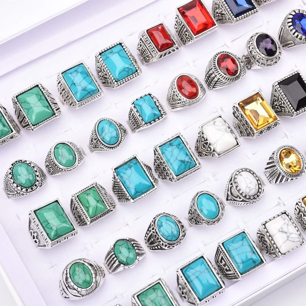 Wholesale 20Pcs/Lot Vintage Glass Turquoise Carved Flowers Rings Mix Style Antique Silver Color Jewelry For Men Women Party