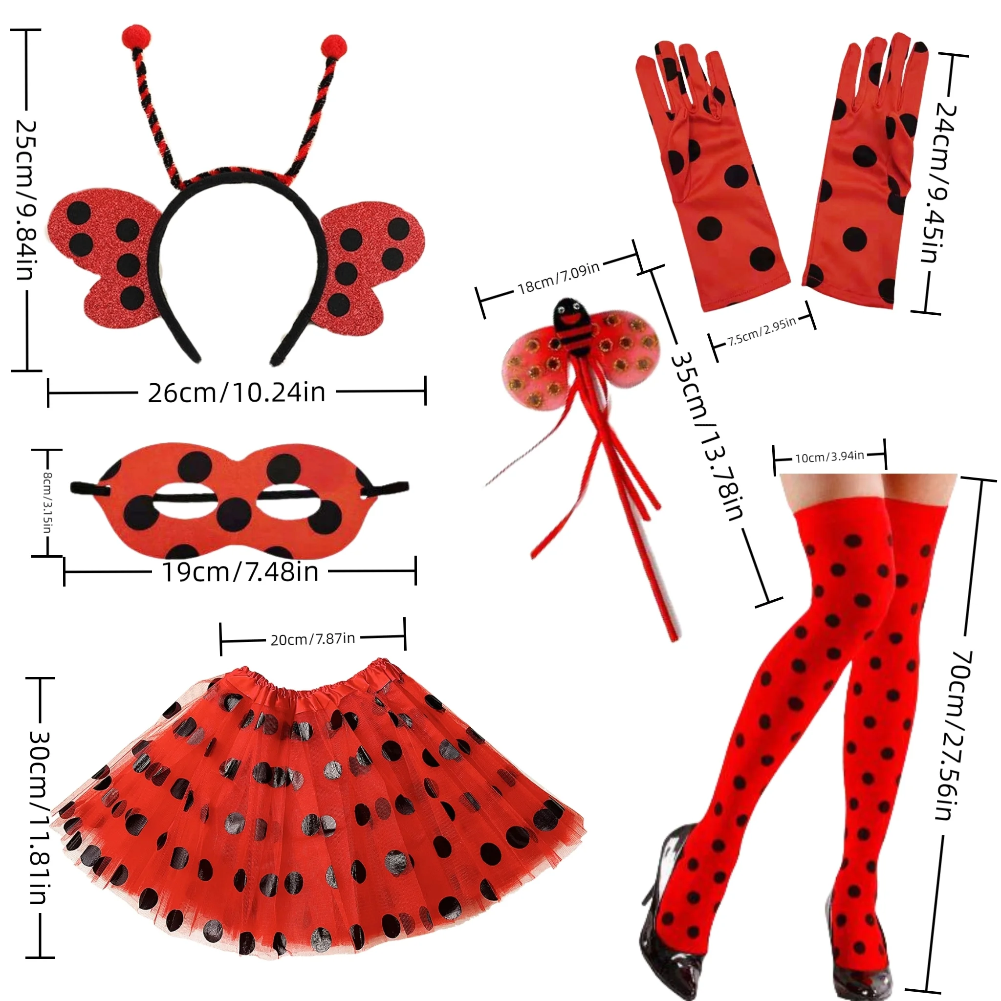 성인 무당벌레 의상, 할로윈 드레스 롤플레잉 액세서리, 스커트, 날개, 머리띠 양말 및 장갑 등
