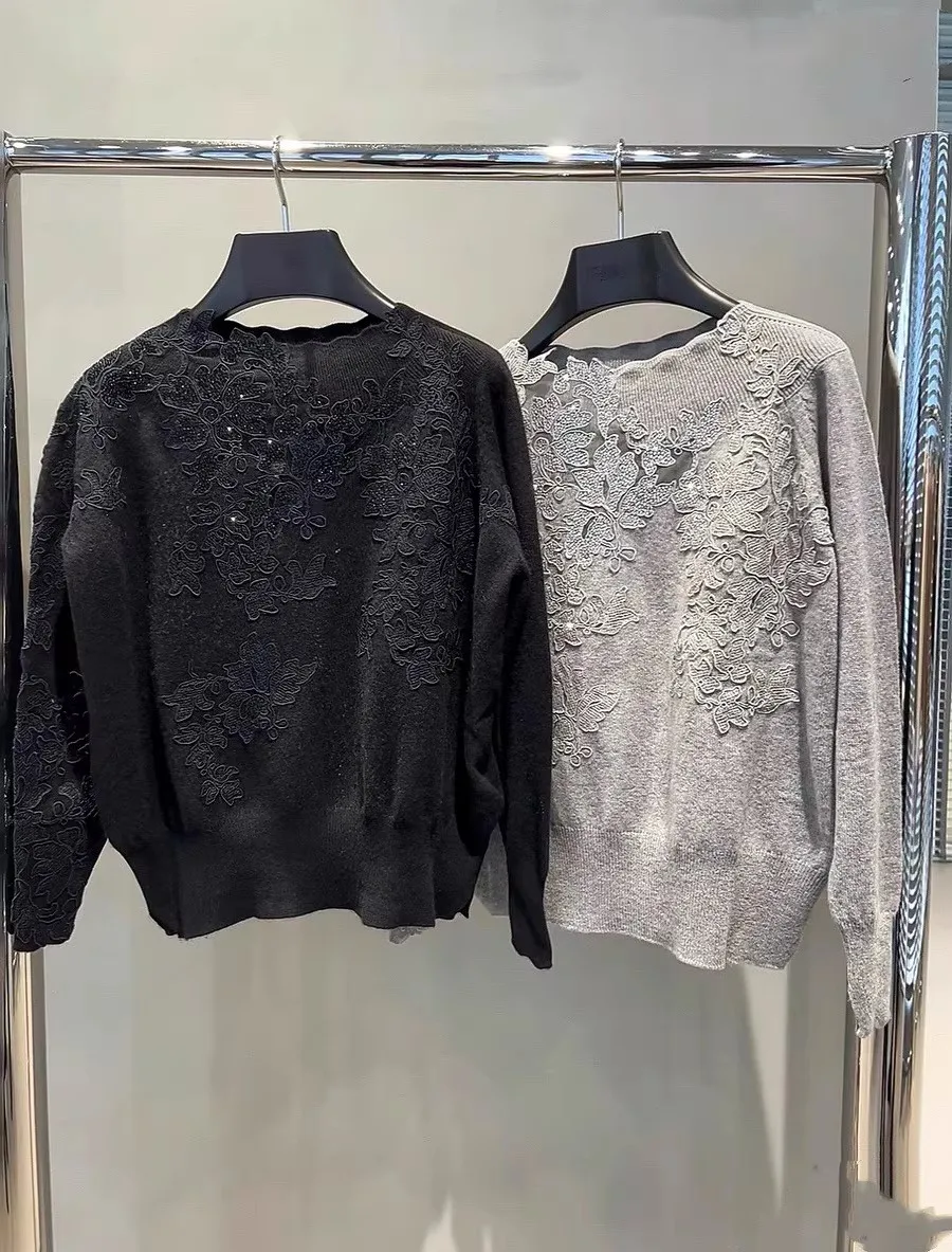 Elegant Gray Black 100% Cashmere Pullover Sweater For Women Long Sleeve Hollow Out Floral Lace Embroidery Rhinestone Decor Knit