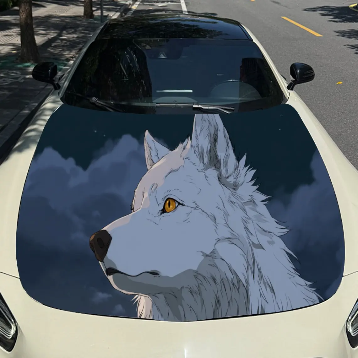 

Melancholy White Wolf Car Hood Sticker PVC Self Waterproof Stick, Striking Auto Exterior Accessories Decor Protect Gift for Car