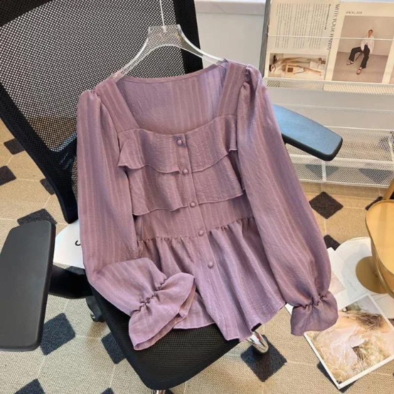 Camicia da donna taglie forti Fat Mm in primavera Camicia a maniche lunghe dal design elegante e versatile con bordo arricciato