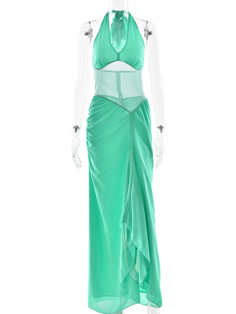 XIAOTANG Halter V Neck Backless Sexy Maxi Dress Women Gown Fashion Elegant Mesh See Through Sleeveless Bodycon Club Long Dress