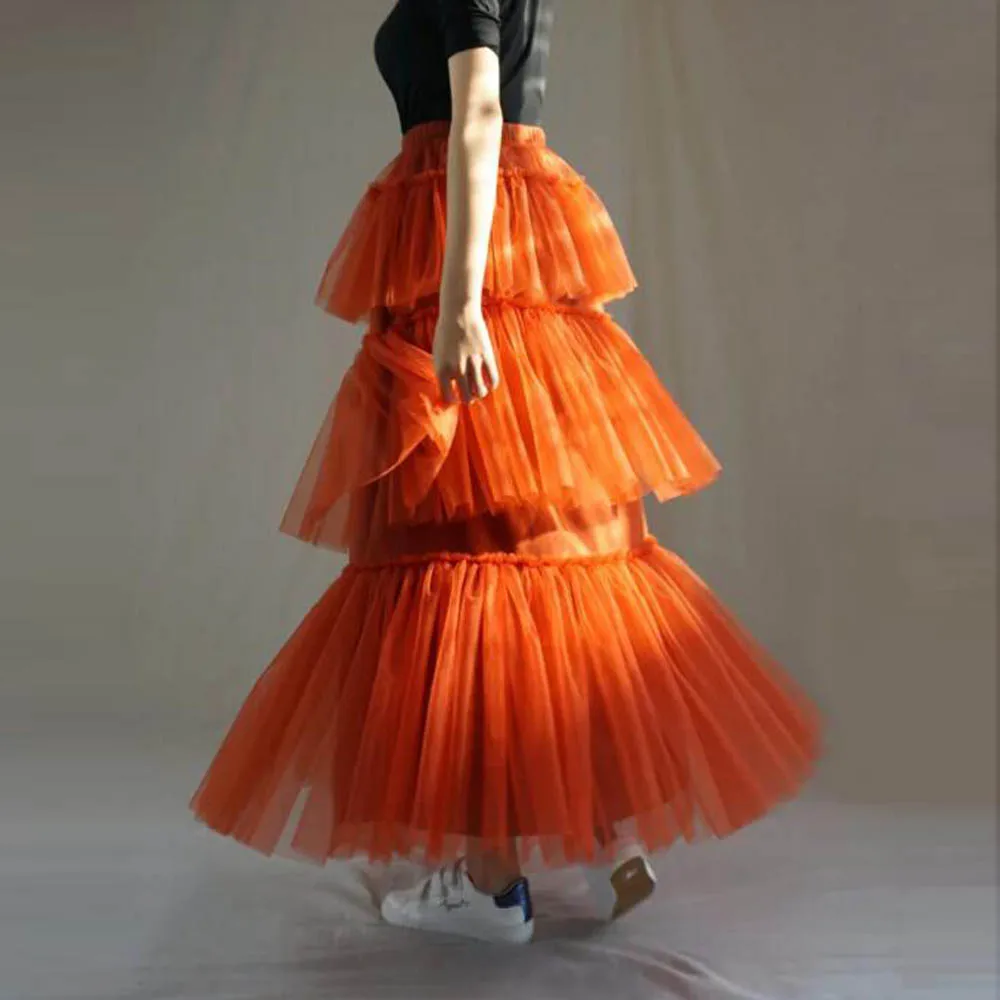 Tiered Orange Tulle Skirt Long Ruffles Tulle Tutu Women Party Skirts Layered Mesh Bridal Royal Skirt Elastic Waist Custom Made