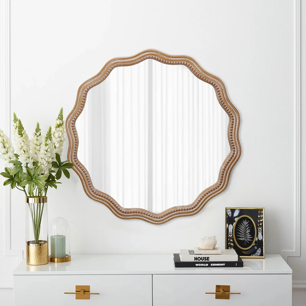 

23.62 Inches Wood Round Wavy Wall Mirror Round Wall Mirror Scalloped Mirror Large Decorative Wood Framed Hanging Circle Mirror