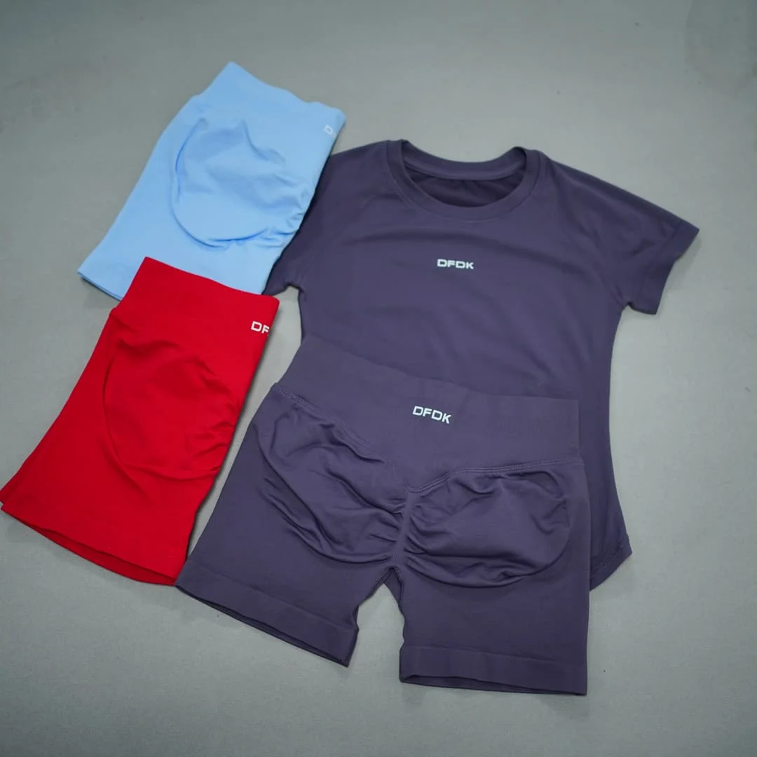 2026 Trend DFDK Women 2PCS Ribbed Gym Matching Set Short Sleeve Tee High Waist Butt Lift Running Shorts