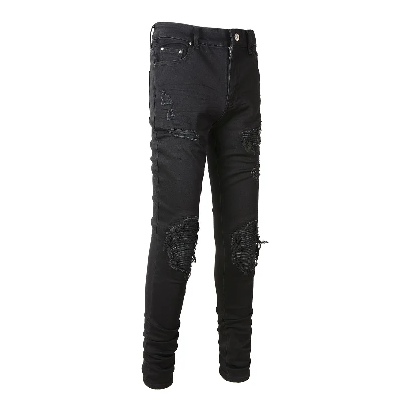 Herren Leder-Patch Biker-Jeans für Motorrad-Streetwear, Löcher, Ripped Patchwork Stretch-Denim-Hose, Schwarze Skinny Tapered Hose – Detail 4