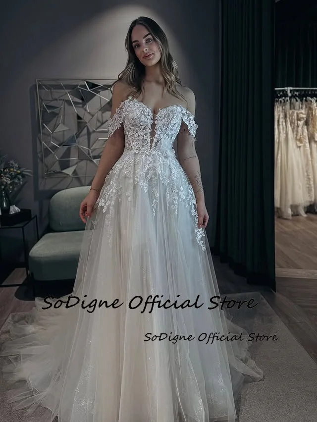 Suknia ślubna SoDigne w kształcie litery A, z odkrytymi ramionami, dekolt w serce, tiulowe aplikacje, suknie ślubne w stylu boho, suknia ślubna, możliwość personalizacji