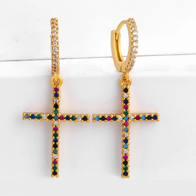 FLOLA Gold Plated Hoops Rainbow Cross Earrings for Women Copper Zircon Heart Earrings Crystal Jewelry pendientes arcoiris ersr30