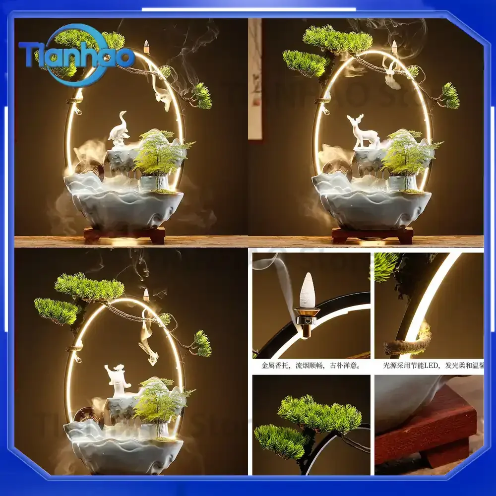Ceramic Feng Shui Waterfall Fountain Sculpture with Light for New Chinese Style Home Decor Living Room Desk Ornament