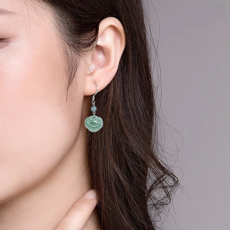 Real Solid 925 Silver Natural Grade A Jade Jadeite Women Bless Lucky Ruyi Dangle Earrings