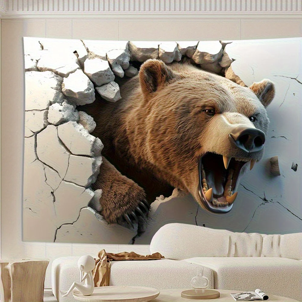 Perfect Gift Tapestry 2D Visual Effect Bear Breaking Through Wall Tapestry - Perfect for Living Room, Bedroom, Office & Party