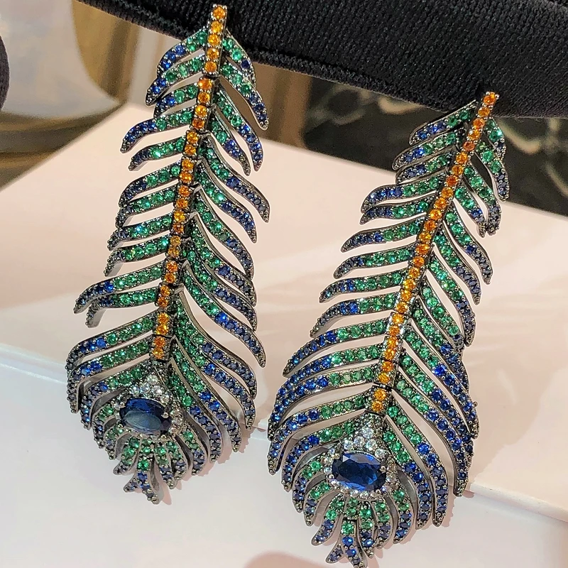 Long tassel peacock feather earrings for women Premium color weddimg bride jewelry