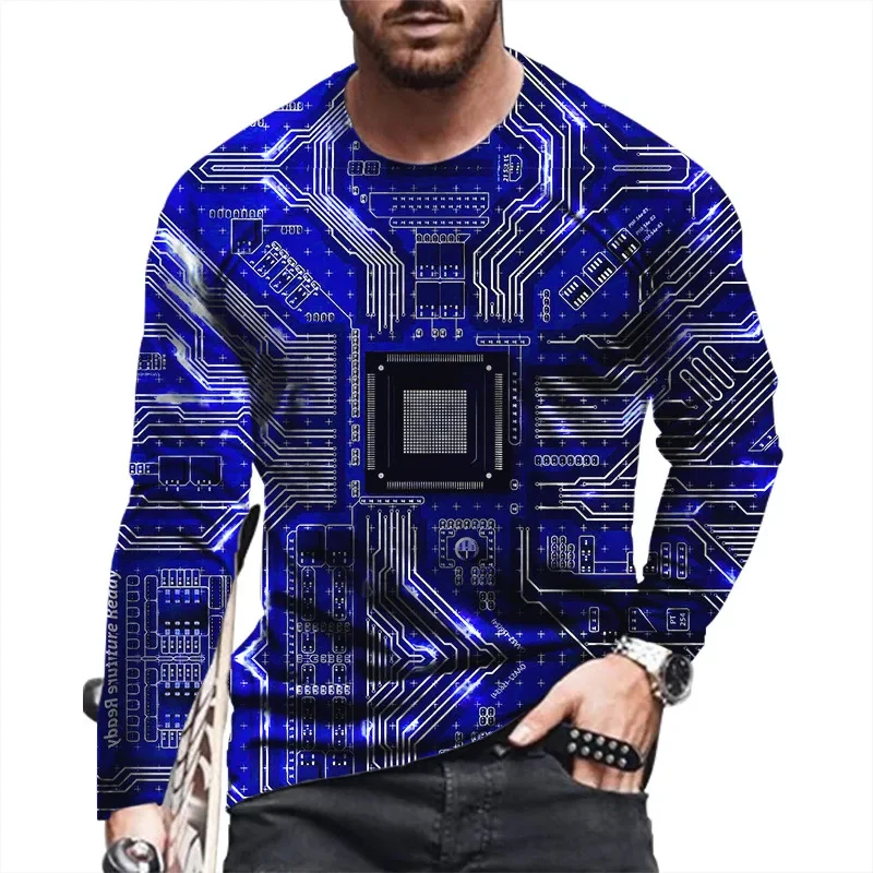 T Shirts Vintage Circuit Board Patterns 3D Print Streetwear Loose  Men Long Sleeve Harajuku Round Neck Oversized TShirt Clothing