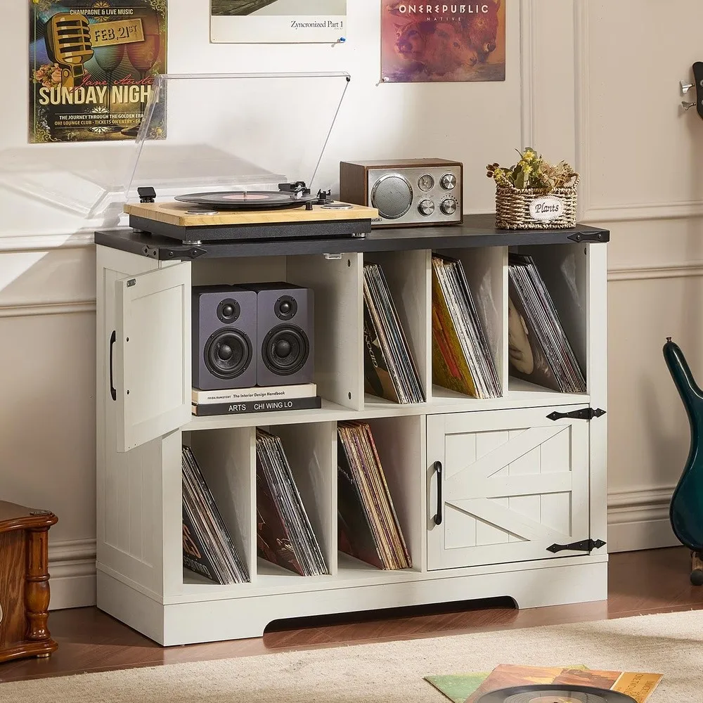 Large Record Player Stand with Vinyl Storage Up to 450 Albums 39 Inch Farmhouse Rustic Wood White Storage Cabinet with