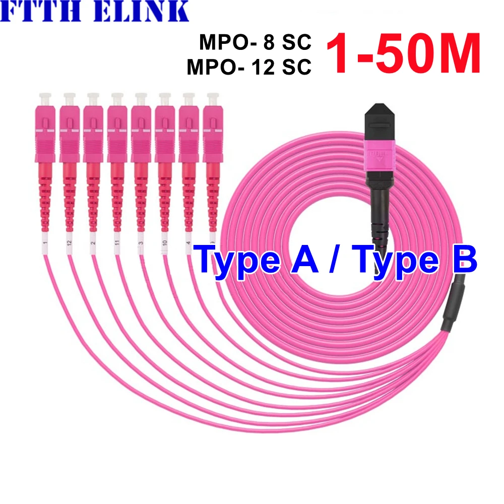 Female MPO-SC Patch Cord OM4 8 Cores, 12 Cores, 1-50m, 10m, 5m, MTP-8SC, 12SC, Type B, Type A, 8C, 12C, FTTHELINK 24 CORES