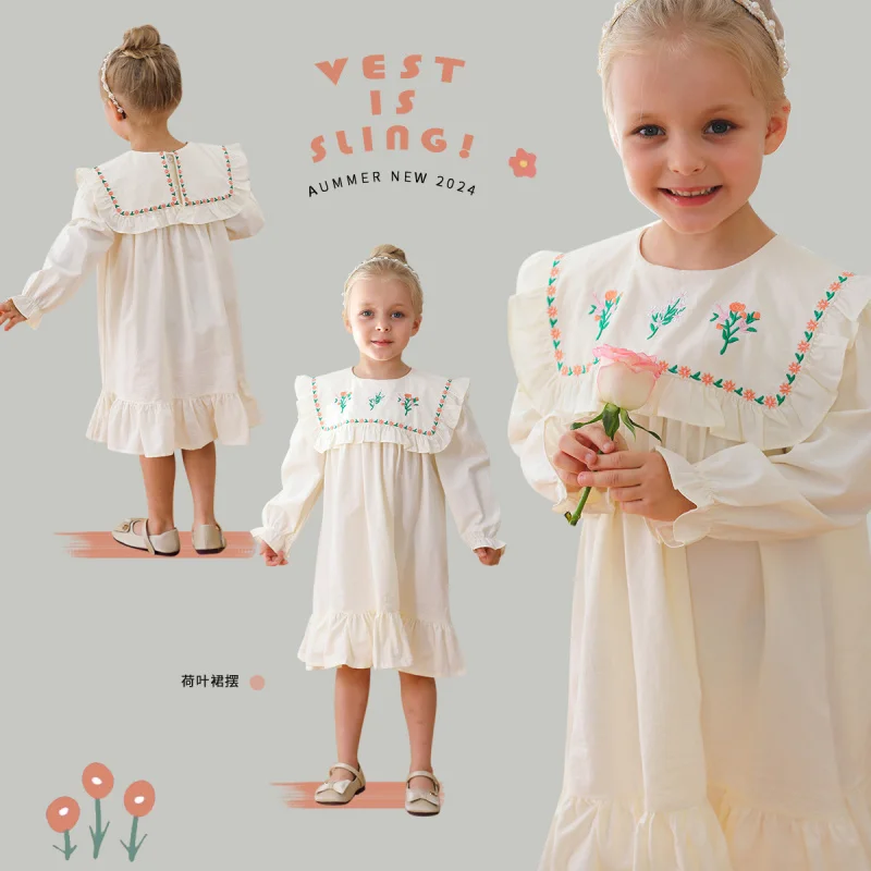 

French Flower Large Lapel Embroidery Girl Dress2024Autumn Ruffled Long Sleeve Girl Princess Dress Pure Cotton