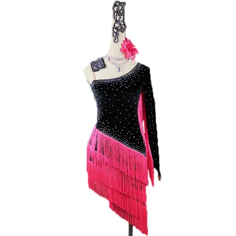 

Women's Rhinestones Latin Dance Dress Velvet Tassel Costume Adult Child Competition Salsa Clothing For Female Dancers