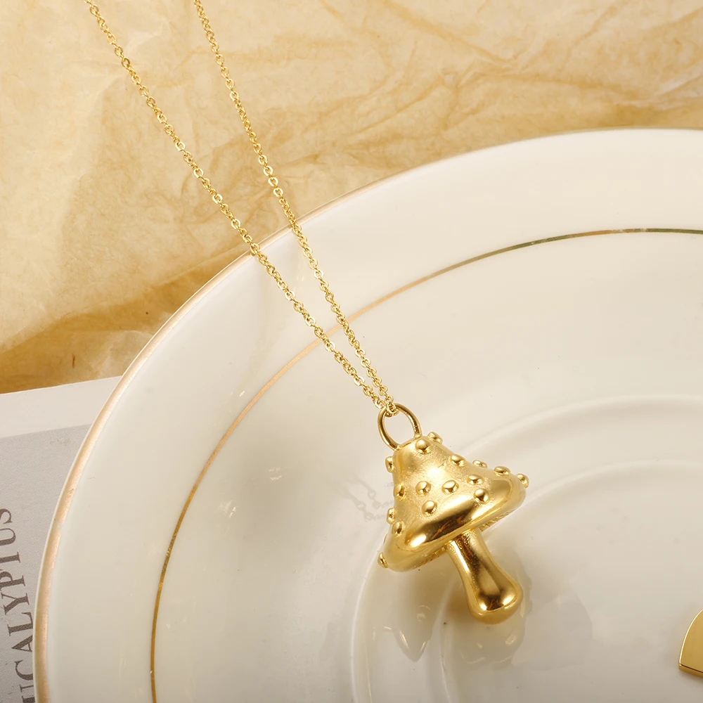 Stainless Steel High Quality Mushroom Pendant Necklace Gold Color Plated Jewelry for Women Men Couple Vintage Wholesales Jewelry