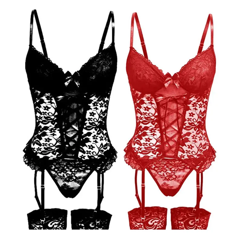 

Sexy Lingerie Set Hollow Lace Bra And Thong Panty Garters Women's Underwear Sexy Costumes Erotic Lingerie