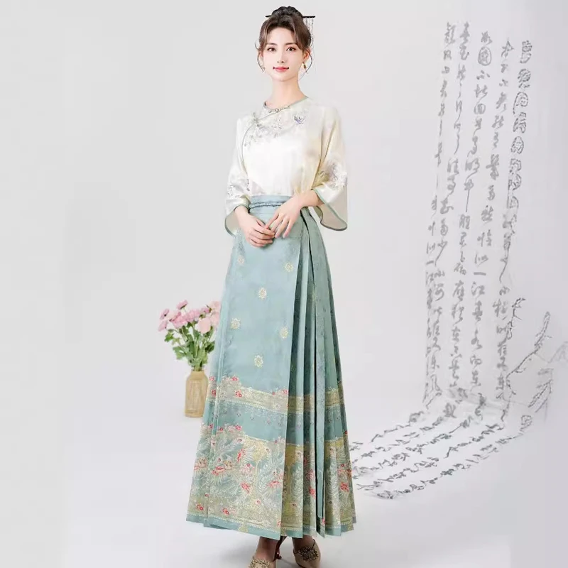 Female Gentle Elegant Hanfu Suit Fashion Printed Mamianqun New Chinese Vintage Button Shirt Horse Face Skirt Traditional Qipao