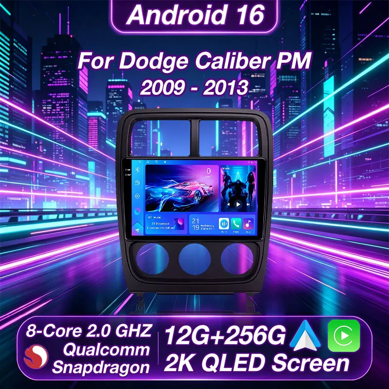 CarPlay sem fio e Android Auto para Dodge Caliber PM 2009 2010-2013, rádio automotivo multimídia Android 16 Player com GPS DTS 2 DIN.
