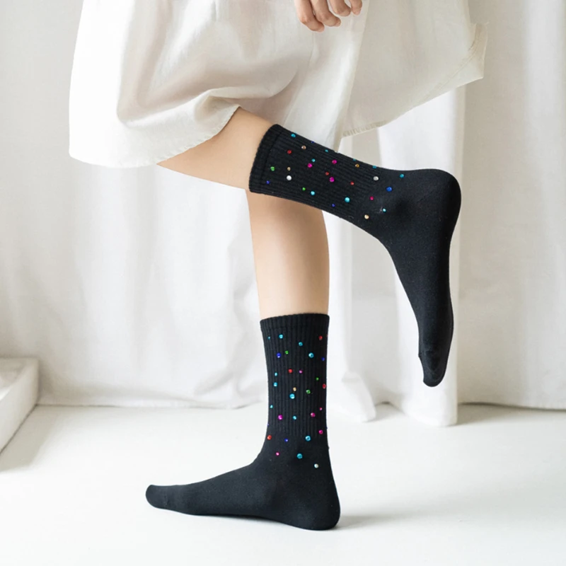 

Fashion Glitter Diamond Socks For Women Harajuku Shiny Stockings Autumn Winter Loose Socks Female Lingerie Mid-tube Cotton Socks