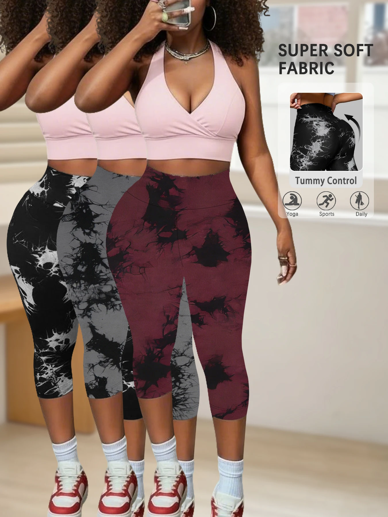 

Комплект из 3-х супермягких спортивных капри с высокой талией и принтом тай-дай для женщин, не просвечивающие, для тренировок, бега, йоги и занятий спортом