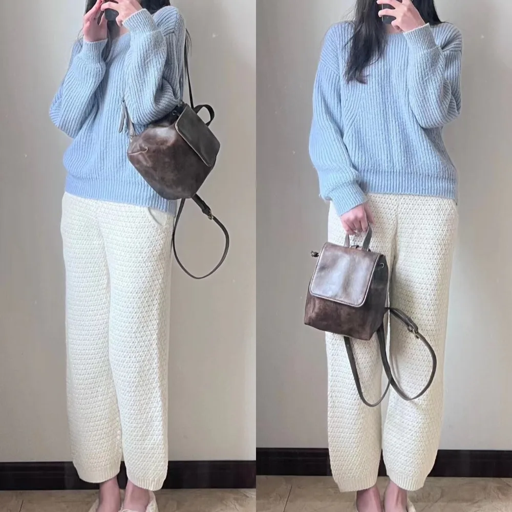 

PU Leather Drawstring Flap Backpack Korean Style Large Capacity School Book Back Fashion Solid Color Women Shoulder Bag Travel