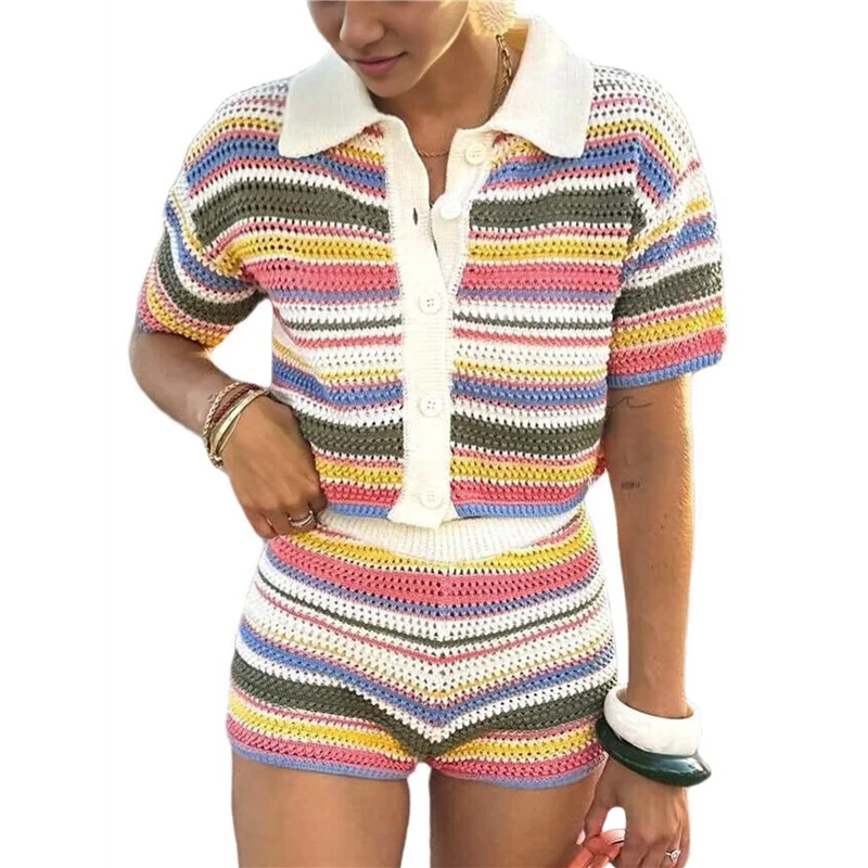 AOAO-Women's Crochet Short Sets Stripe Button Down Cardigan With Shorts 2 Piece Knit Outfits