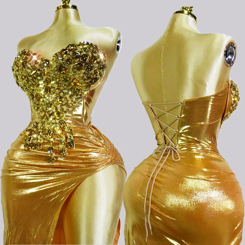 

luxury Gold dress sexy top and skirt sets crystal wedding birthday party club DS Celebrate sexy Singer stage drag queen costumes