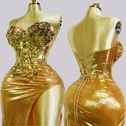 luxury Gold dress sexy top and skirt sets crystal wedding birthday party club DS Celebrate sexy Singer stage drag queen costumes