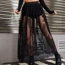 Vestido elegante de noche para fiesta, vestidos sexys de encaje para mujer, vestido largo transparente, falda negra de moda gótica de Lolita 2024