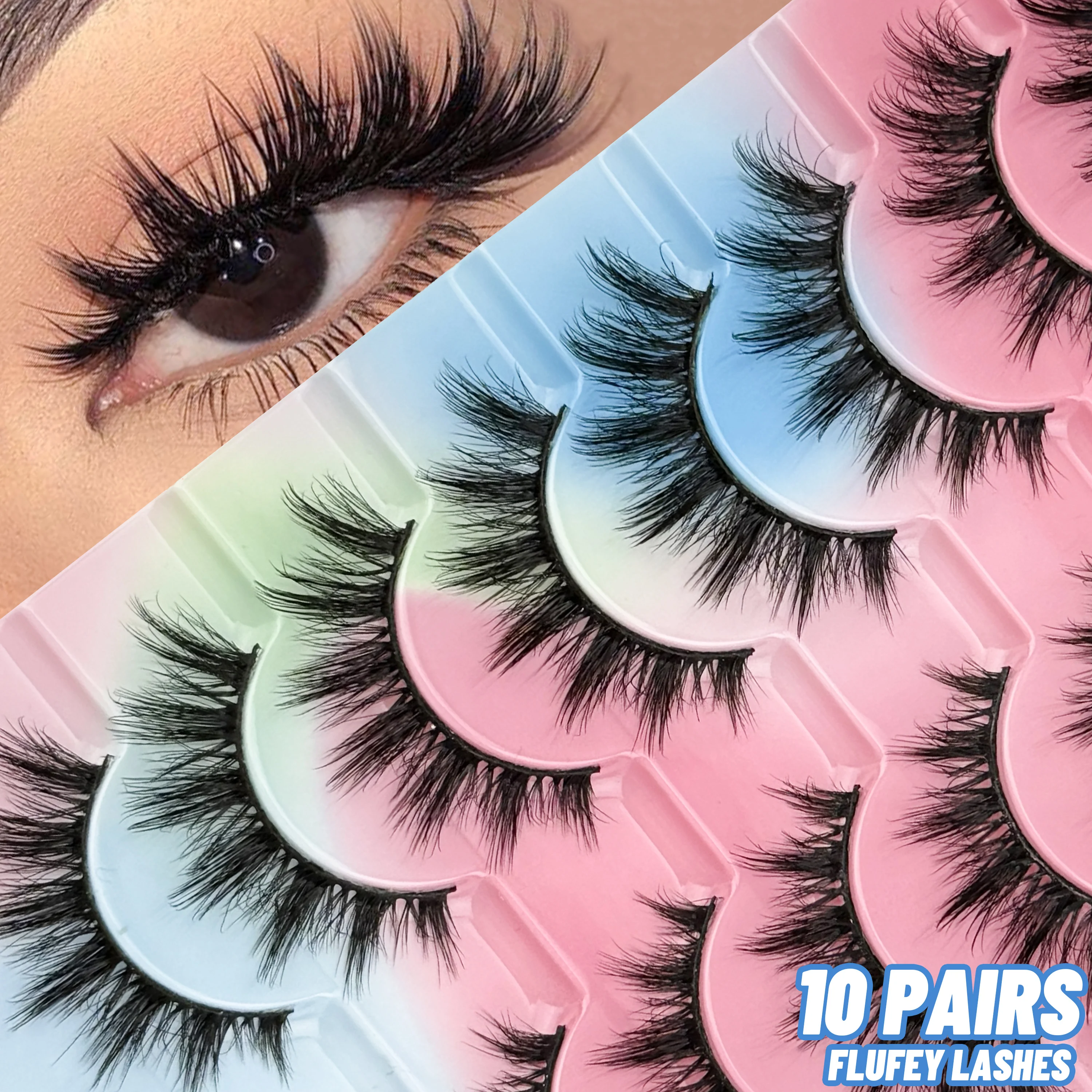 10 Pairs D-Curl Fluffy False Eyelashes, For Daily Makeup Extension, Beginner-Friendly Easy To Apply,Reusable High-Quality Lashes