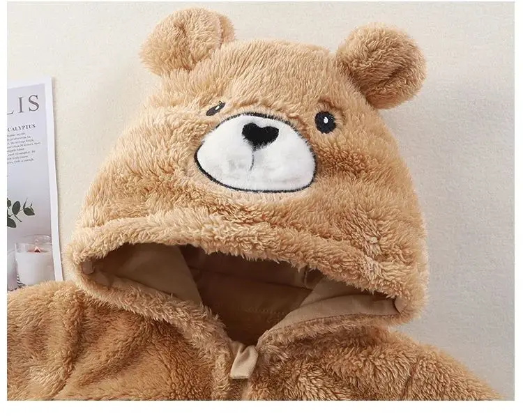 الشتاء الطفل السروال القصير 0-12 متر الكرتون الدب الباندا الرضع الفتيات مقنعين بذلة الحلو الفراء مبطن طفل قطعة واحدة #5