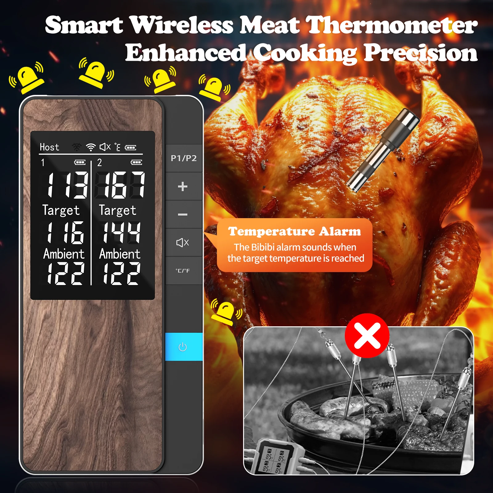Wireless Meat Thermometer-Multi Sensors Digital Food Thermometer with Ultra-Thin Probes, Accuracy Smart Bluetooth Meat Thermomet