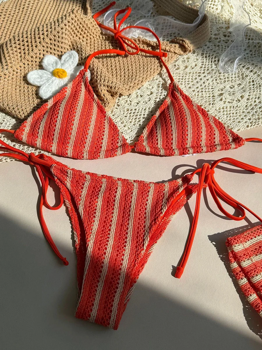 3 шт. с шортами в полоску с лямкой на шее, ажурное бикини, женский купальник, женский купальник, комплект бикини из трех частей, купальный костюм, пляжная одежда для плавания