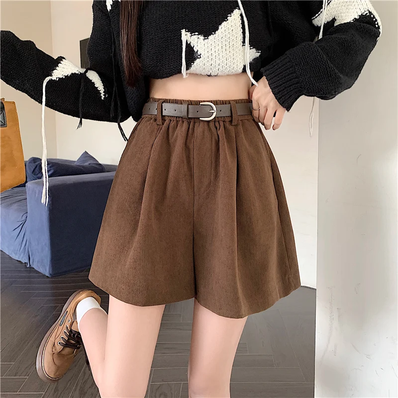 

New Autumnn Winter Corduroy Shorts Womens Fashion High Waist Wide-leg Shorts Female Casual Loose Shorts